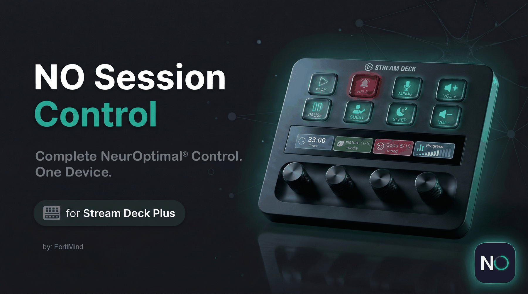NO Session Control running on Stream Deck Plus — 8 keypad buttons with session actions and 4 dials with LCD touch strip showing timer, media, mood, and analytics