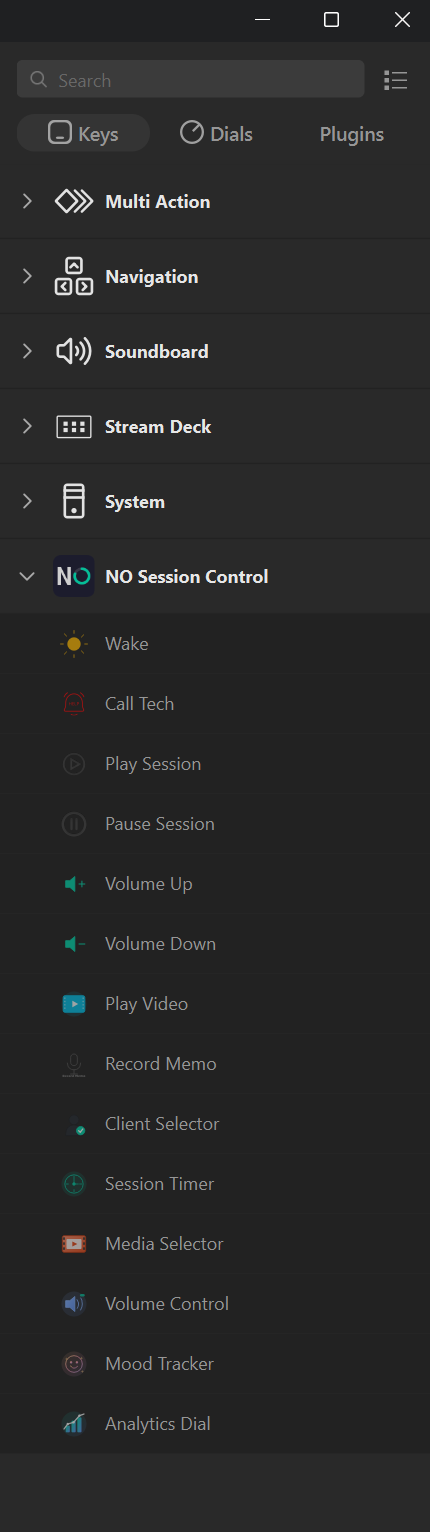 Stream Deck software action panel showing all 14 NO Session Control actions: 9 keypad actions (Wake, Call Tech, Play Session, Pause Session, Volume Up, Volume Down, Play Video, Record Memo, Client Selector) and 5 encoder actions (Session Timer, Media Selector, Volume Control, Mood Tracker, Analytics Dial)