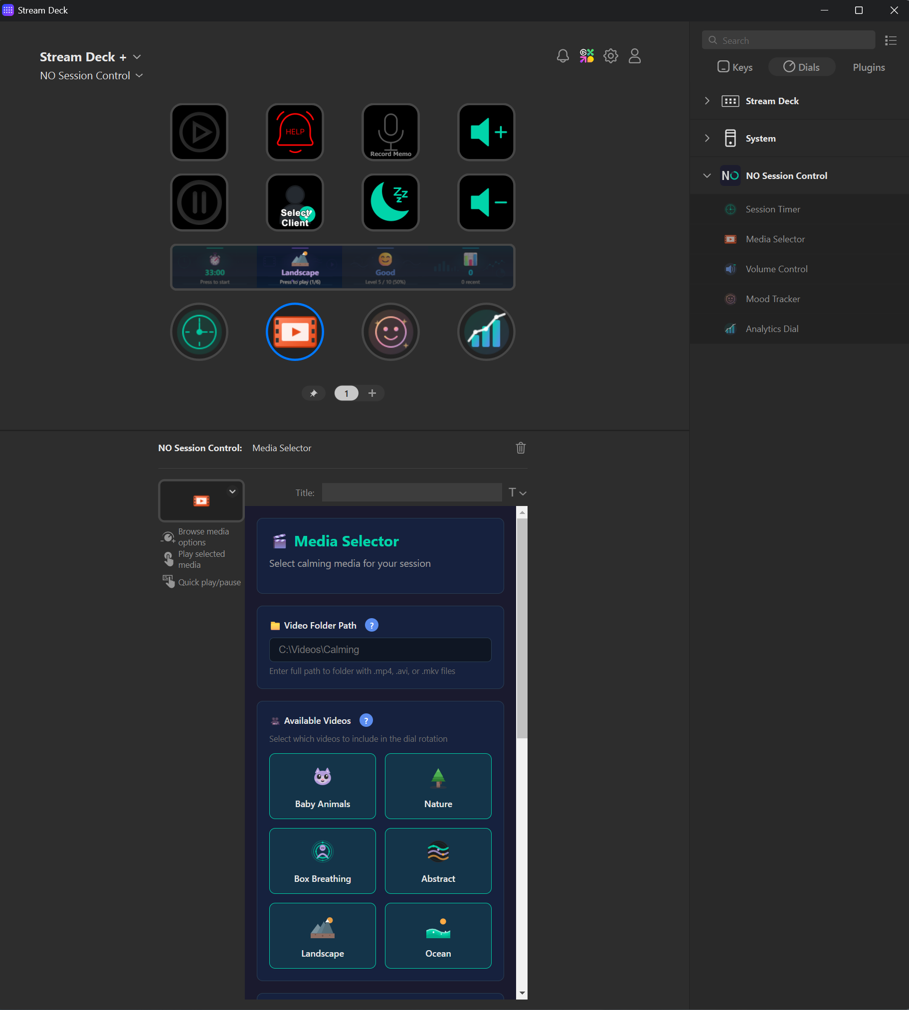Stream Deck software showing the Media Selector Property Inspector — Video Folder Path set to C:\Videos\Calming, with six available categories displayed as tiles: Baby Animals, Nature, Box Breathing, Abstract, Landscape, and Ocean. The Play Video encoder is highlighted in the profile layout above.