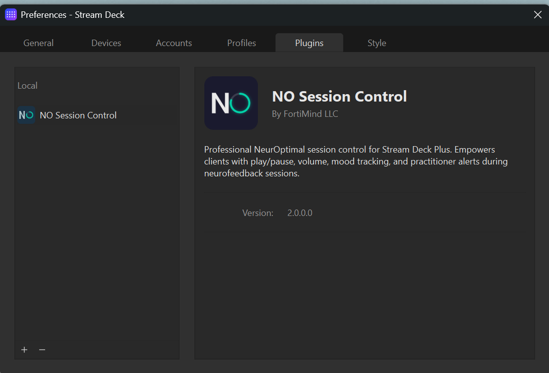 Stream Deck Preferences window showing the Plugins tab with NO Session Control listed under Local — displays the plugin icon, name, author (FortiMind LLC), description, and version 2.0.0.0