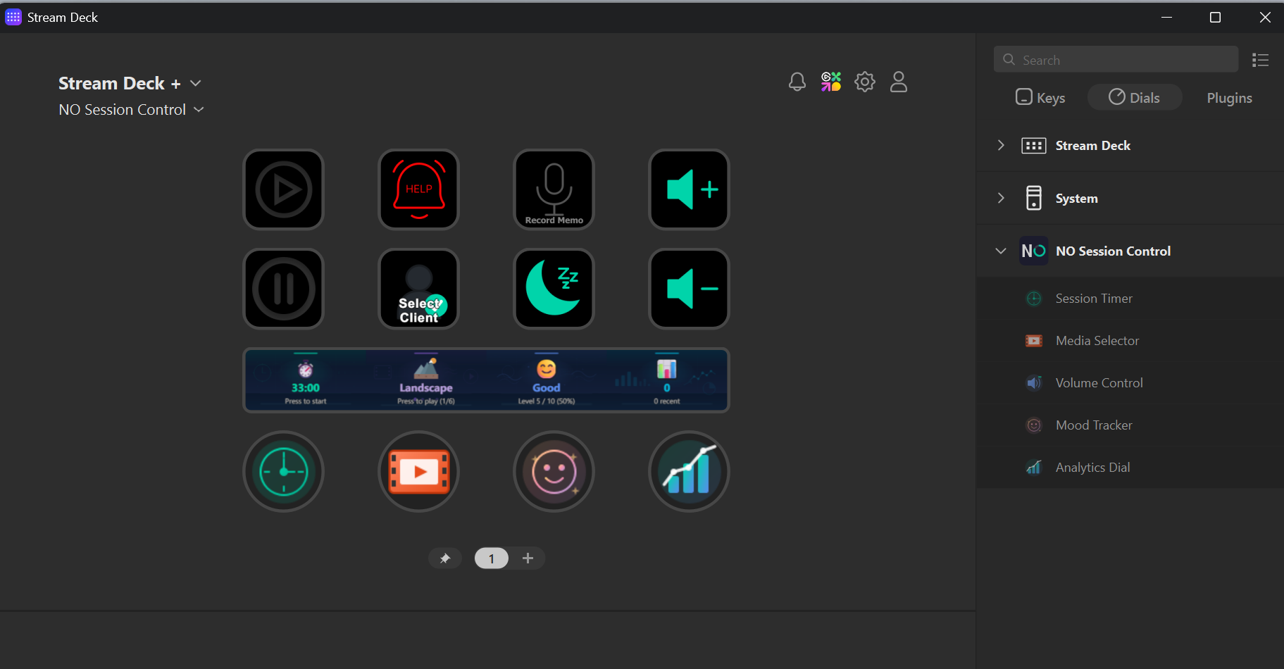 Stream Deck software showing the full NO Session Control profile — 8 keypad buttons arranged in two rows (Play, Help, Record Memo, Volume Up, Pause, Select Client, Sleep/Wake, Volume Down), LCD touch strip displaying Session Timer at 33:00, Media Selector on Landscape, Mood Tracker at Good, and Analytics Dial, with four encoder dials below