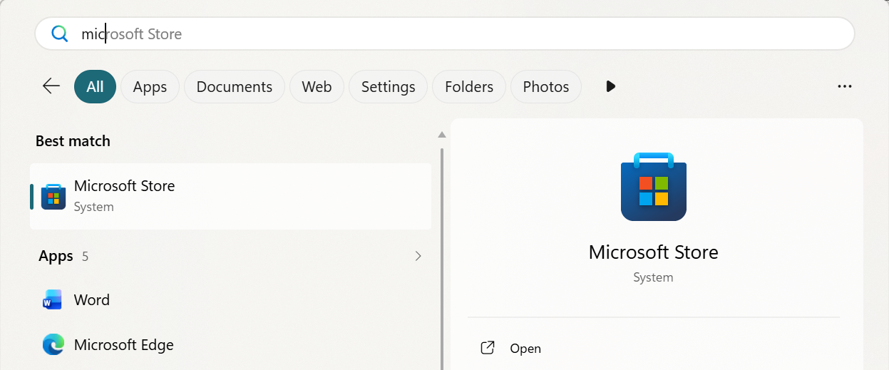 Windows Start Menu search results showing Microsoft Store as the best match
