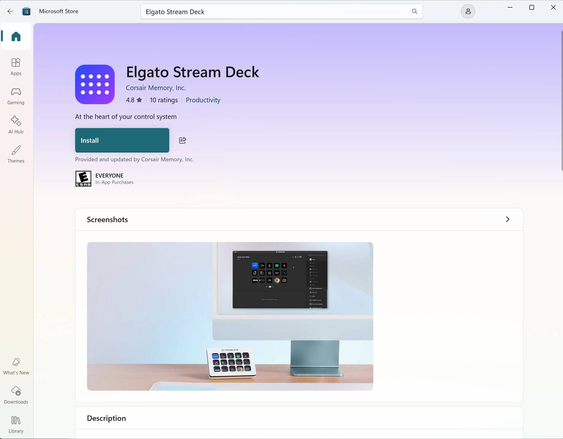Microsoft Store listing for Elgato Stream Deck showing the Install button, rating, and description